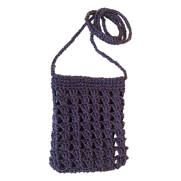 Hand crocheted wicker purple phone bag.