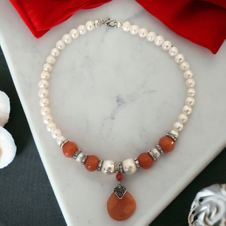 Handmade genuine stoned, pearl and agate necklace.