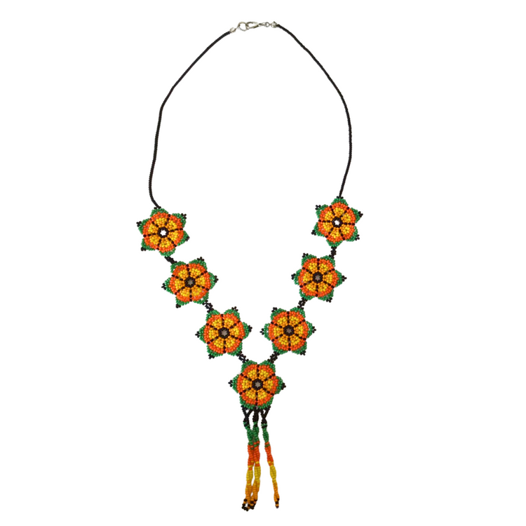 Handmade genuine stoned sand beads flower patterned long orange necklace.