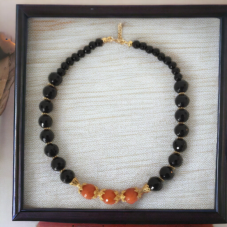 Handmade genuine stoned, onyx and orange agate necklace.