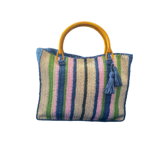 Hand crafted colorful wicker bag with bamboo handle.