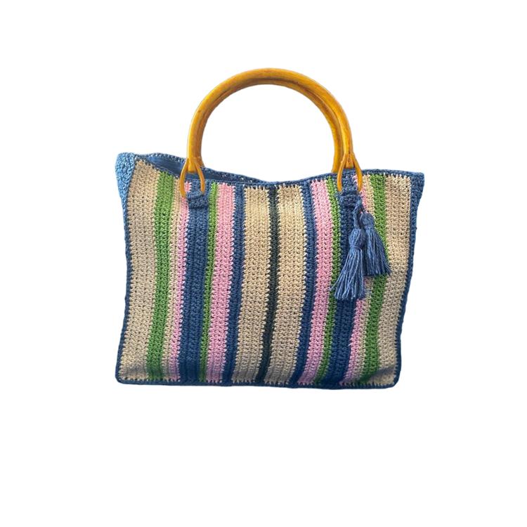 Hand crafted colorful wicker bag with bamboo handle.