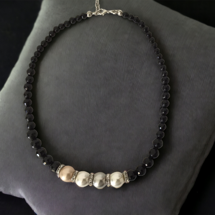 Handmade genuine stoned black onyx, hematite and majorca pearl necklace.