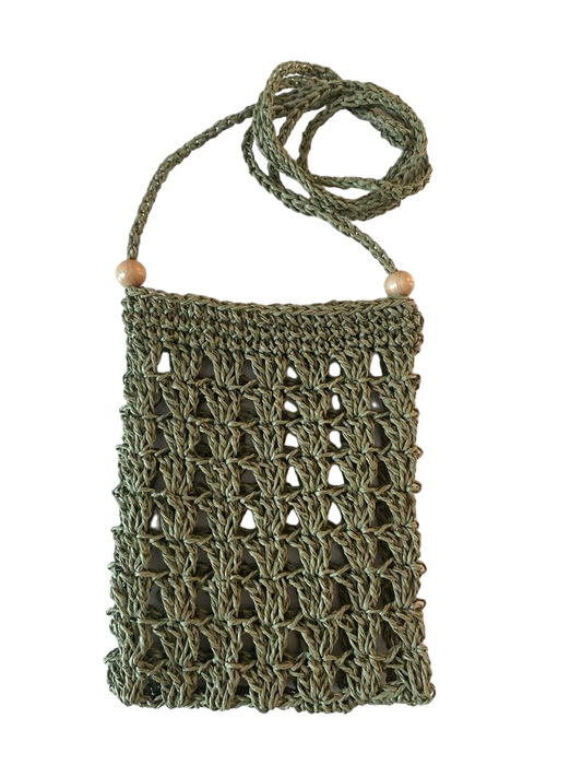 Hand crocheted wicker green phone bag.