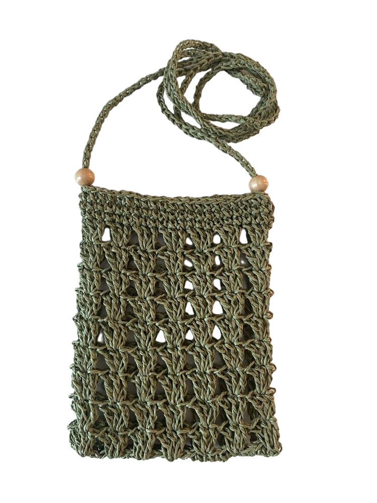 Hand crocheted wicker green phone bag.