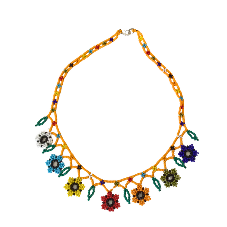 Handmade genuine stoned sand beads flower patterned multicoloured necklace.