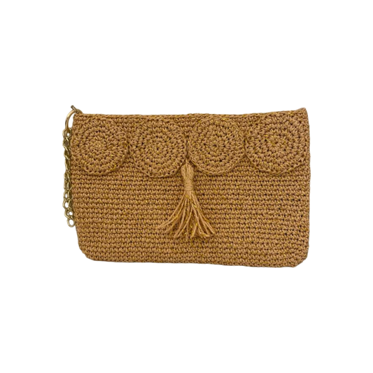 Hand crafted and crocheted wicker clutch with gold color chain strap.