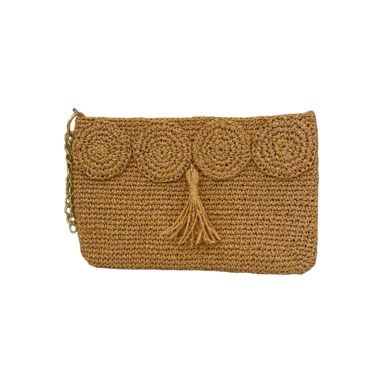 Hand crafted and crocheted wicker clutch with gold color chain strap.