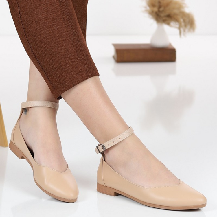 Hand crafted Beige Suede Women's Ballerinas with Ankle Buckle