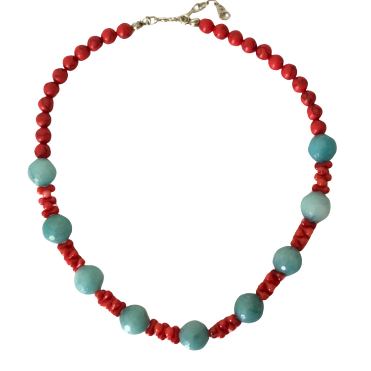 Handmade genuine stoned amazonite and coral colored beads necklace.