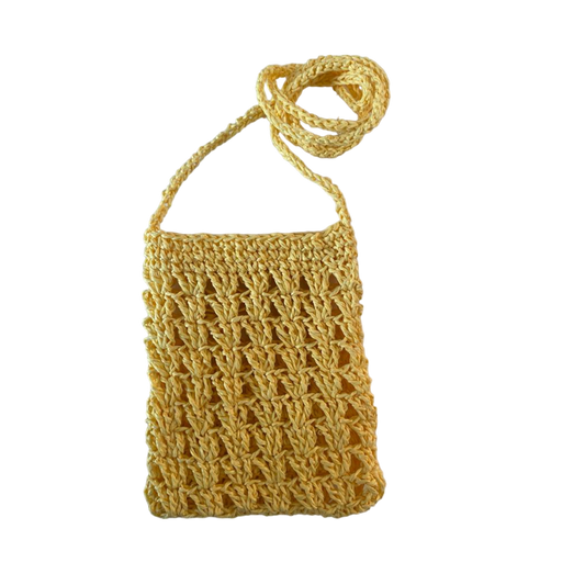 Hand crocheted wicker yellow phone bag.