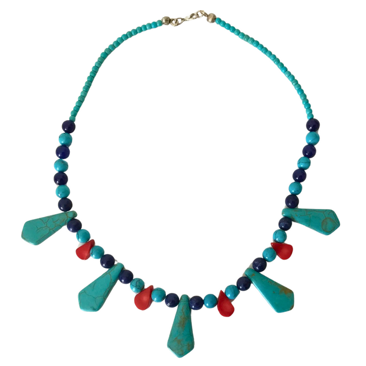 Handmade genuine stoned lapis lazuli, turquoise and red quartz necklace.