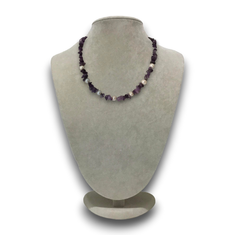 Handmade natural stoned, amethyst and pearl necklace.