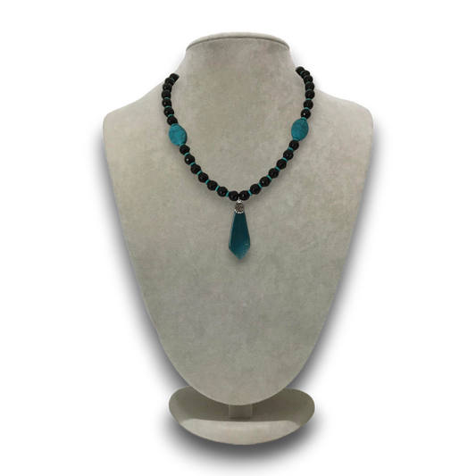 Handmade natural stoned, turquoise and black onyx necklace, with unique handcrafted glass pendant.