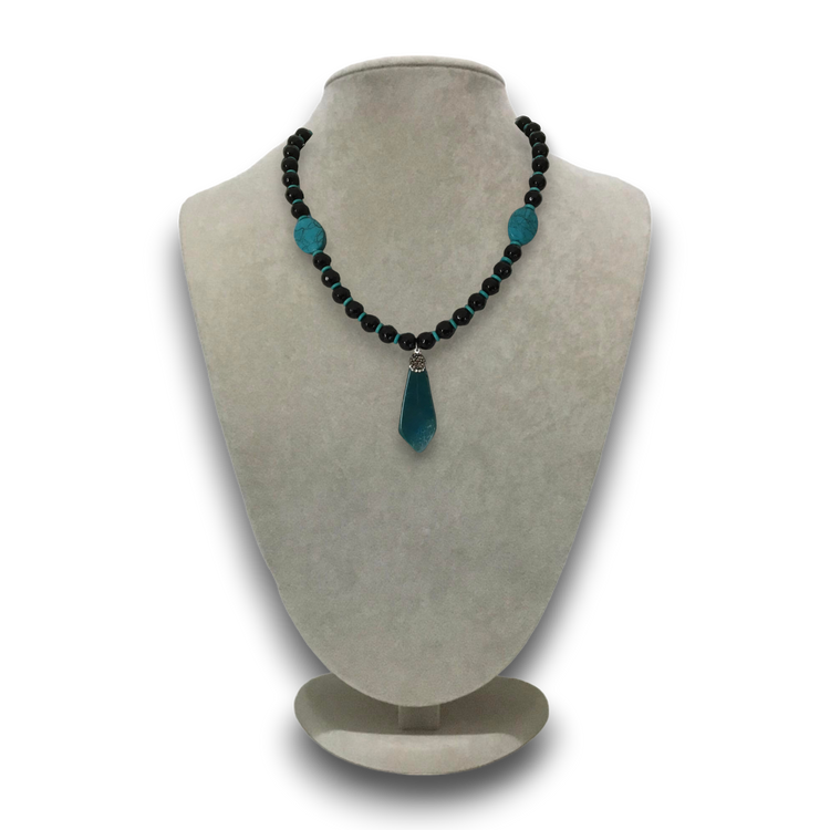 Handmade natural stoned, turquoise and black onyx necklace, with unique handcrafted glass pendant.