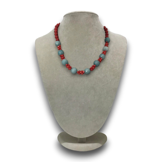 Handmade genuine stoned amazonite and coral colored beads necklace.