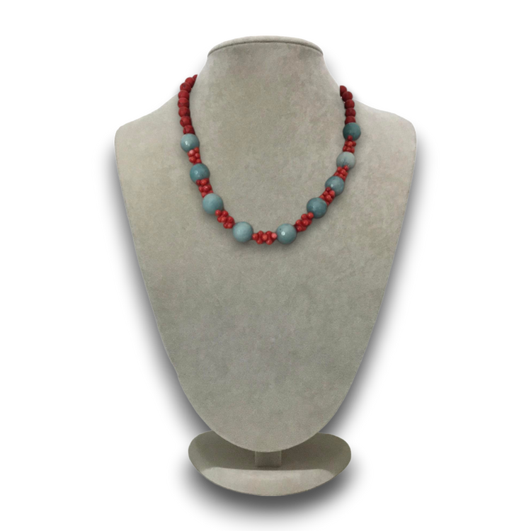 Handmade genuine stoned amazonite and coral colored beads necklace.