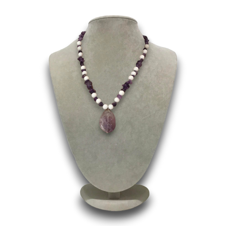 Handmade genuine stoned, amethyst and mother of pearl stones necklace.