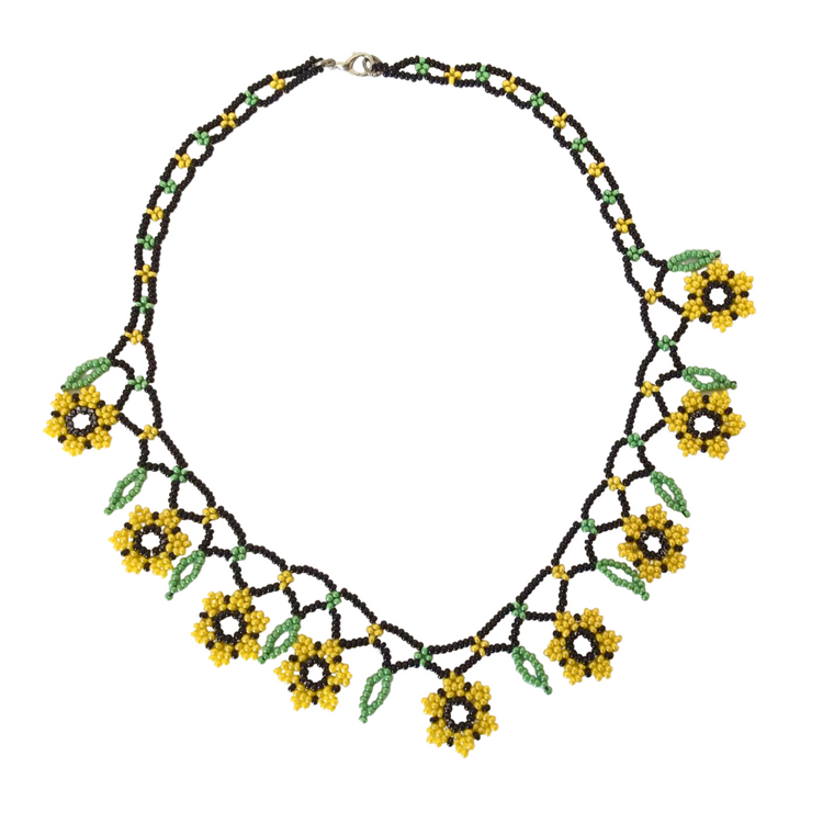 Handmade genuine stoned sand beads flower patterned yellow necklace.