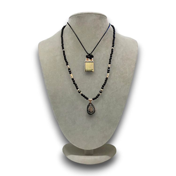 Specially designed, handmade double necklace with black and gold beads and gray crystal.