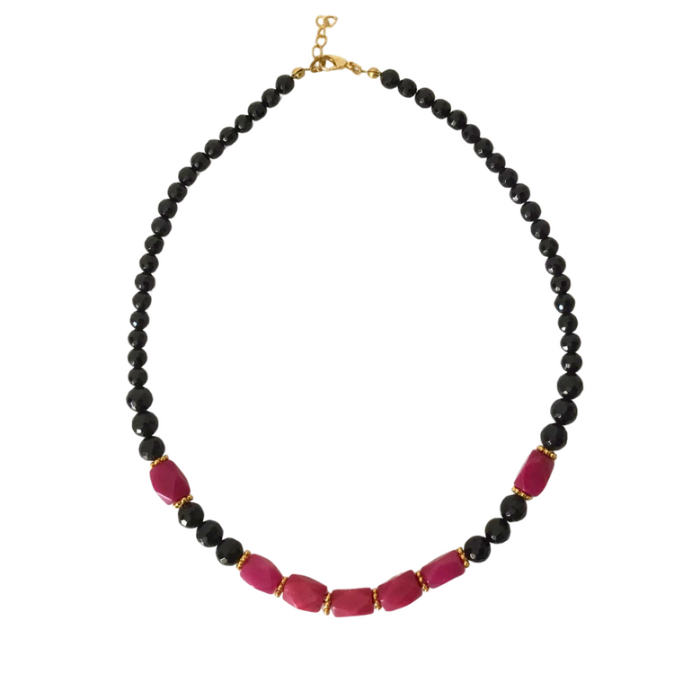 Handmade genuine stoned black onyx and fuchsia carnelian necklace.