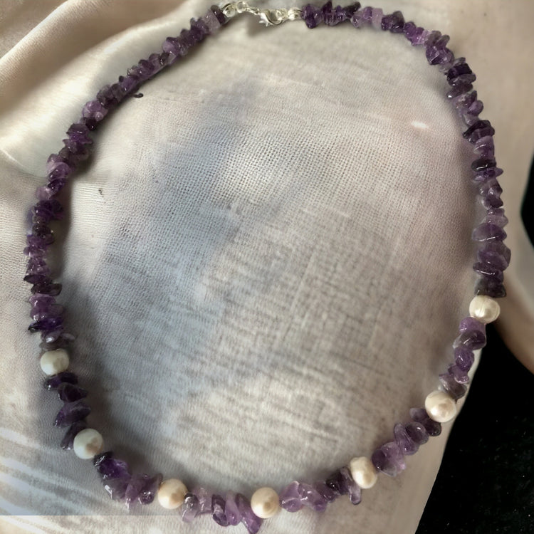 Handmade natural stoned, amethyst and pearl necklace.