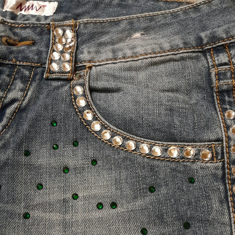 Hand embroidered denim shorts, special design, embroidered with shiny green and white stones.