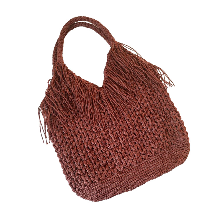 Hand crocheted and crafted paper rope Burgundy shoulder bag with fringe detail.