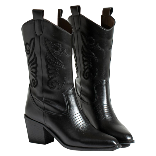 Hand crafted Women's Daily Black Embroidered Cowboy Boots