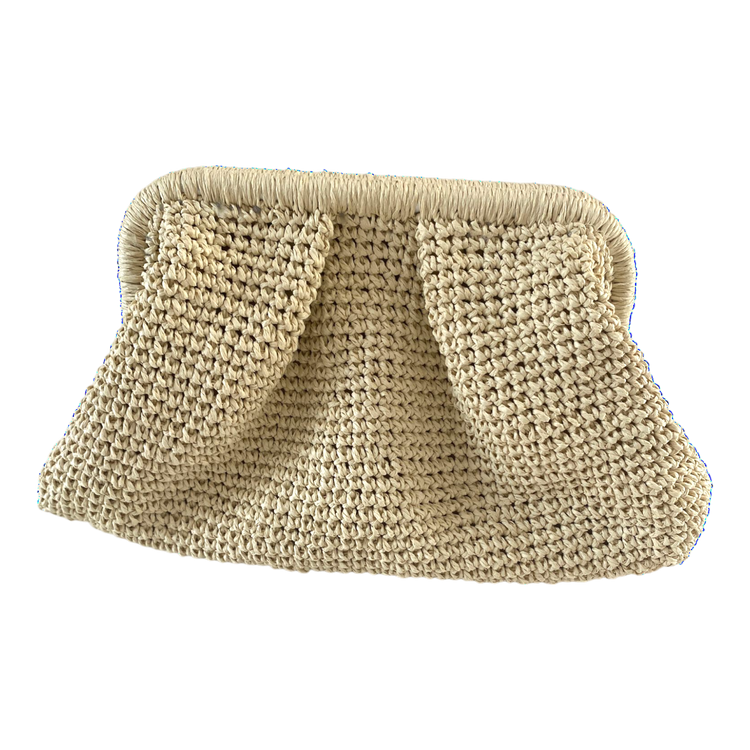 Handmade beige wicker cloud shape clutch with pleats and hidden snap clouser.