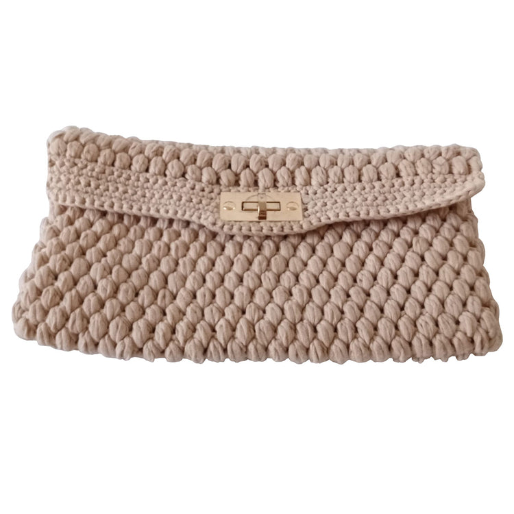 Hand crocheted and crafted natural colour, ribbon rope, lined clutch.