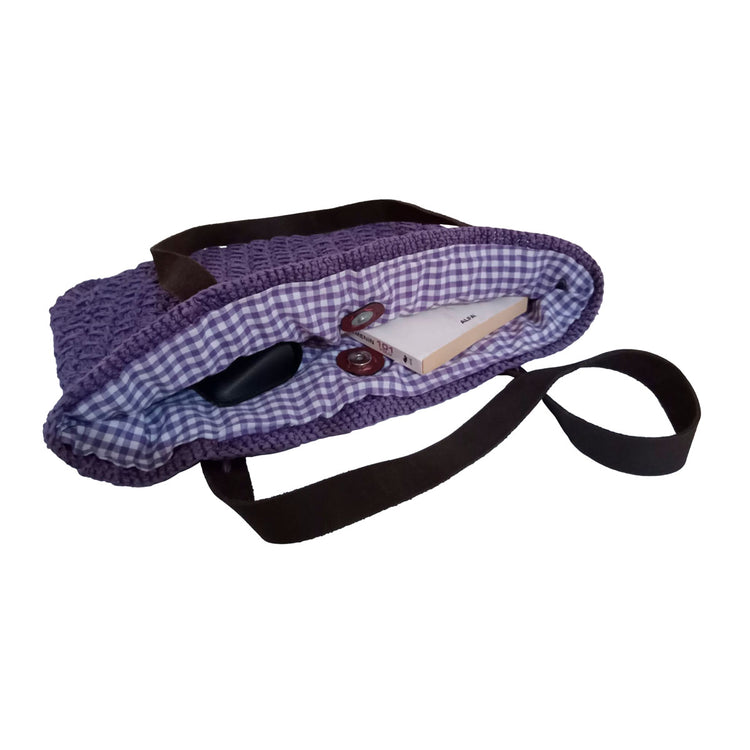 Hand crocheted and crafted paper rope, lined, purple with brown leather straps tote.