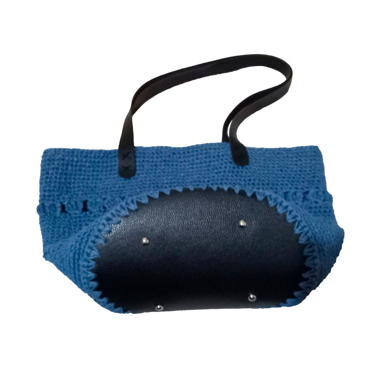 Hand crocheted and crafted paper rope with leather strap and base, blue tote.