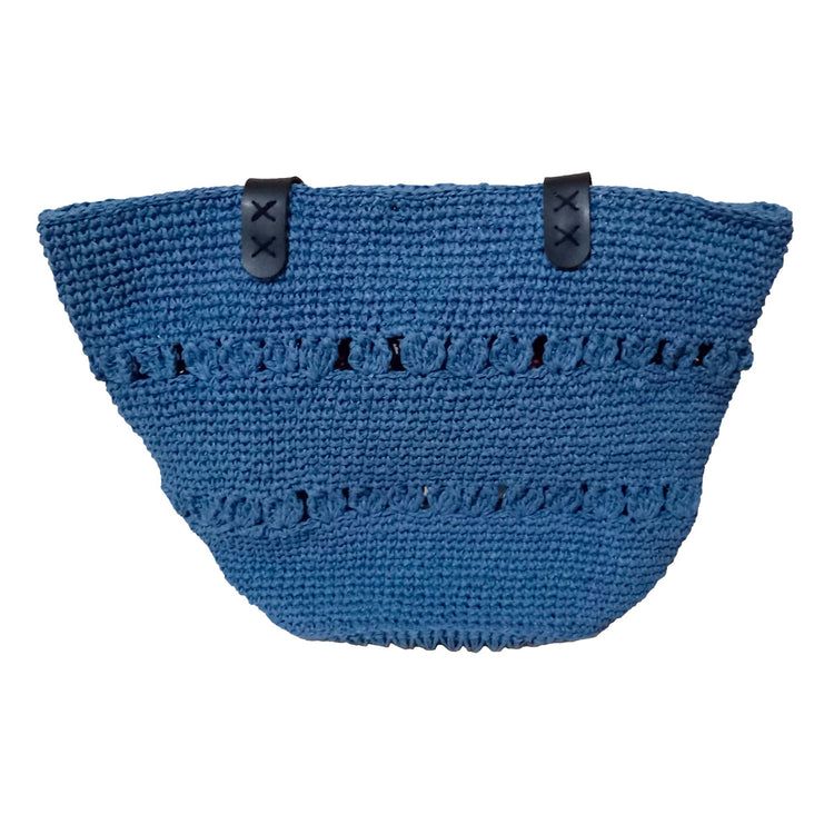 Hand crocheted and crafted paper rope with leather strap and base, blue tote.