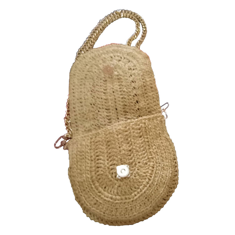 Hand crocheted and crafted, small wicker crossbody bag in natural colour with gold chain strap.