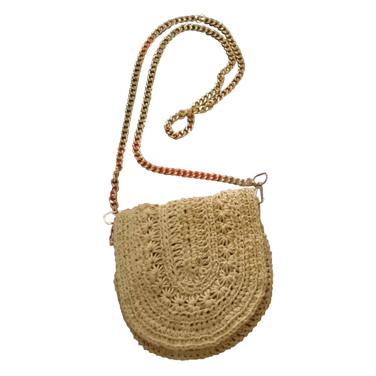 Hand crocheted and crafted, small wicker crossbody bag in natural colour with gold chain strap.