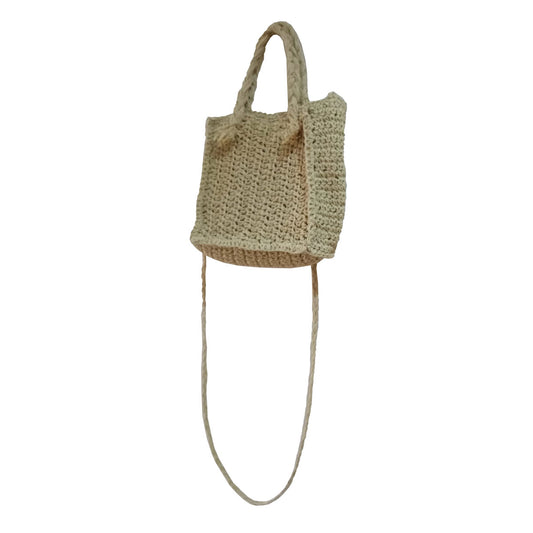 Hand crocheted and crafted wicker mini square hand bag with long shoulder strap, in natural colour.