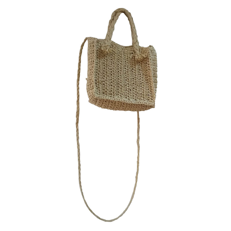 Hand crocheted and crafted wicker mini square hand bag with long shoulder strap, in natural colour.