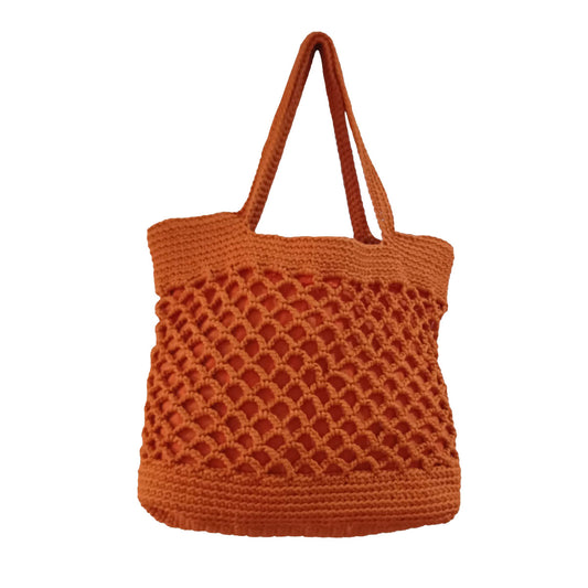 Hand crocheted cotton macrame, lined, mesh orange large bag.