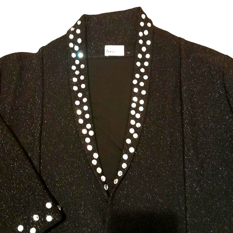 Hand embroidered black glitter jacket, collar, pockets and sleeves are embroidered with shiny stones.