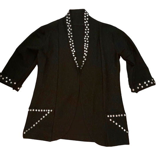 Hand embroidered black glitter jacket, collar, pockets and sleeves are embroidered with shiny stones.