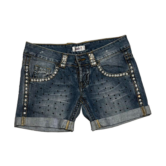 Hand embroidered denim shorts, special design, embroidered with shiny green and white stones.