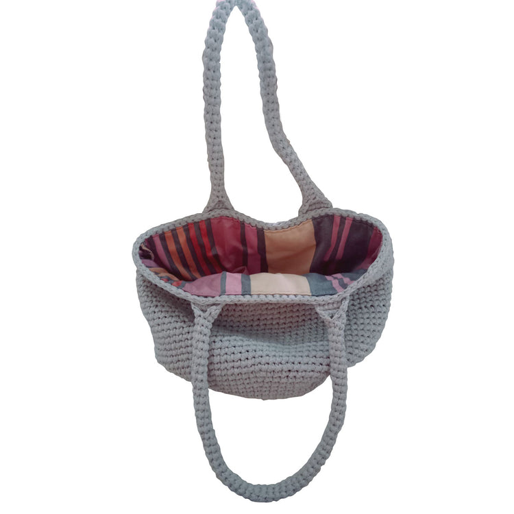 Hand made and crocheted grey, lined, ribbon rope, beach tote.