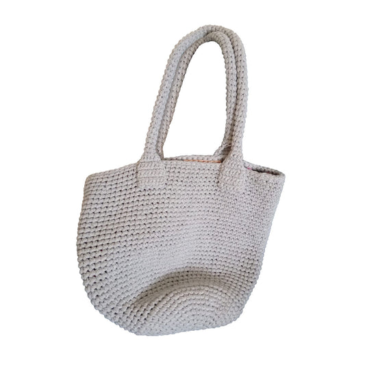 Hand made and crocheted grey, lined, ribbon rope, beach tote.