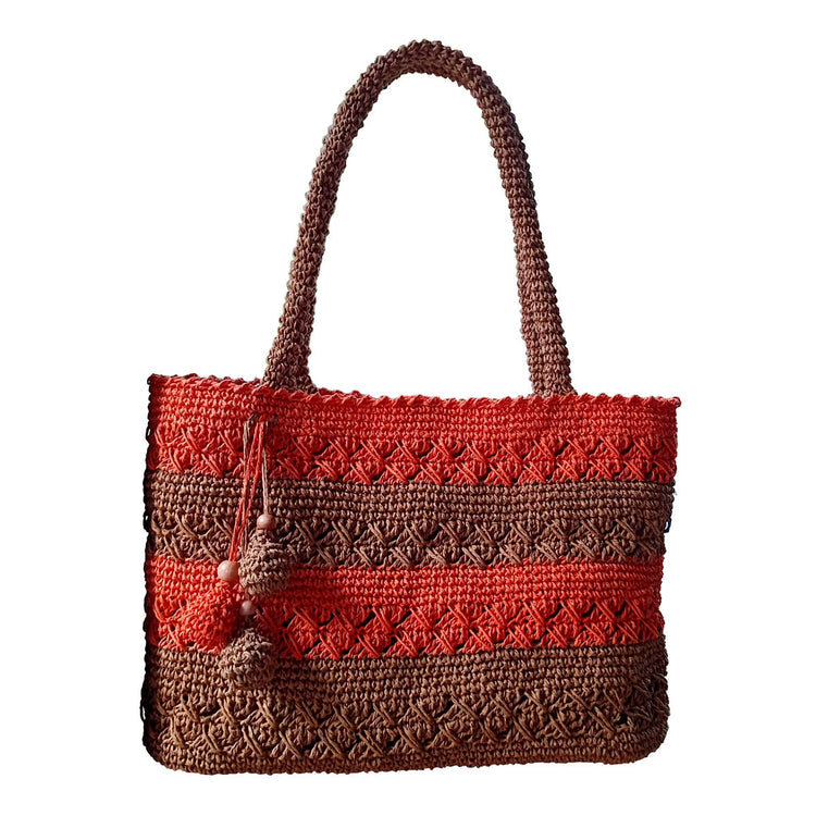 Hand made and crocheted lined, paper rope, brown and orange color tote, with swinging balls detail in front.