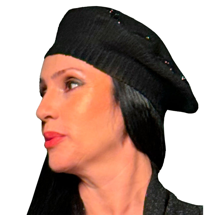 Handmade black wool artists beret with hand embroidery crystal stones.