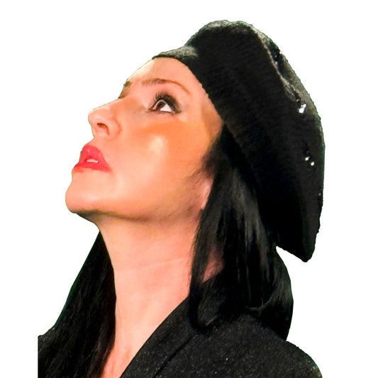 Handmade black wool artists beret with hand embroidery crystal stones.