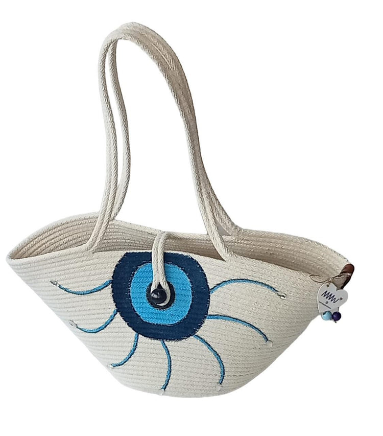 Handmade, hand painted, evil eye protection patterned, Tres double bag, shiny stone detail on the smaller bag.