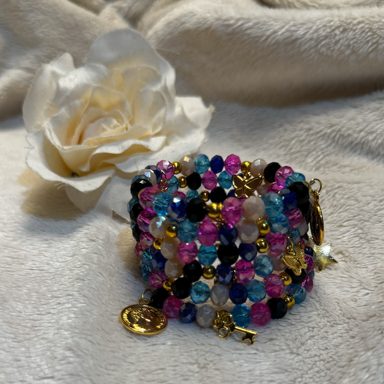 Handmade special design wrap bracelet, consisting of multicolored crystal stones and gold accessories.