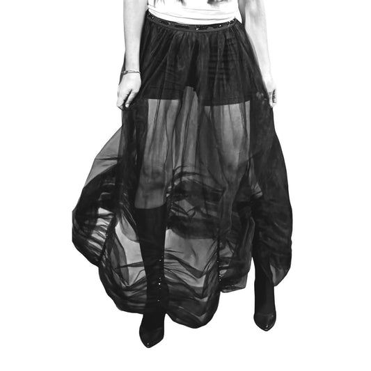 Handmade tulle balloon skirt with black crystal stone embroidery on the waist and hem.